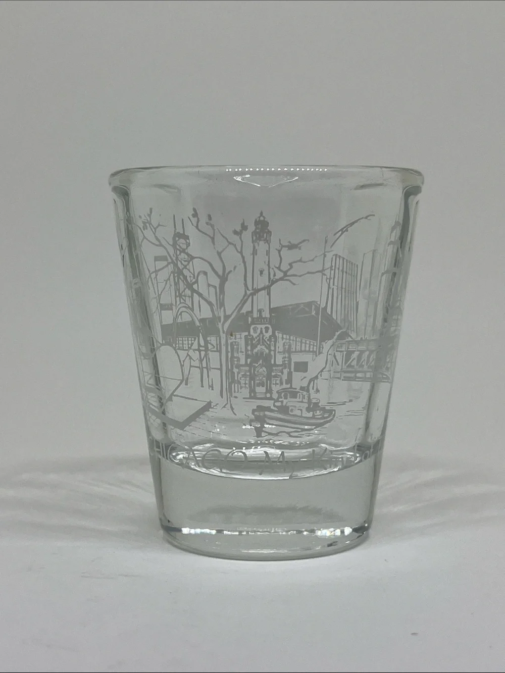 Clear “Chicago - My Kind of Town” Shot Glass with White Etched Cityscape